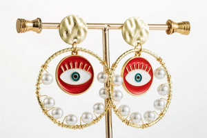 Gold and White Evil Eye Earrings