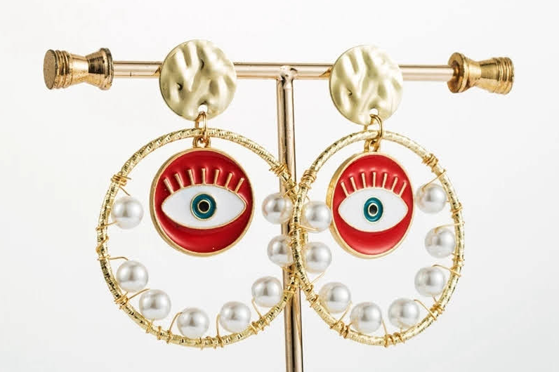 Gold and White Evil Eye Earrings