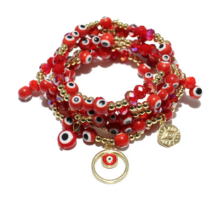 Handmade Evil Eye Red and Gold Bracelet Set (Hecho con Amor)