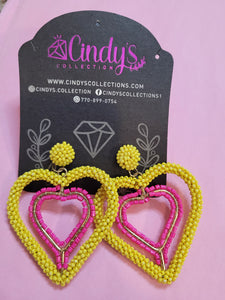 Yellow and Futsia Heart Earrings (Handmade)