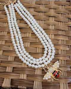 Triple Layer Pearls with a Bee Necklace