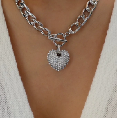 Rhinestone Heart Silver Choker