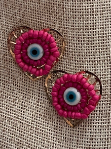 Heart Evil Eye Hot Pink Earrings