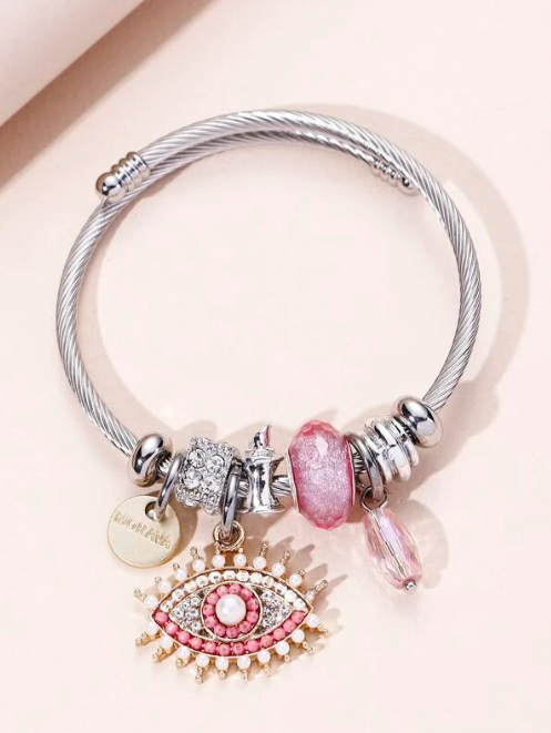 Silver/Rose Evil Eye Bracelet with Charms