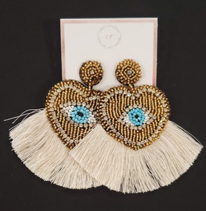 Handmade Evil Eye Glam White Tassel Earrings