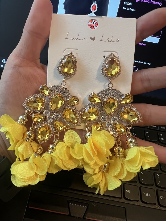 Yellow Flower Petal with Rhinestone Earrings (Handmade)