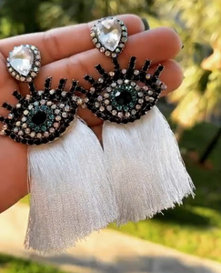 White Evil Eye Tassel Earrings