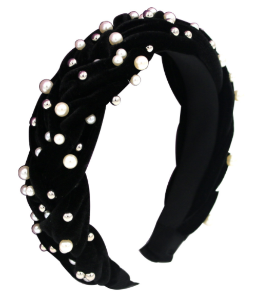 Black Pearls Trenza Terciopelo Headband