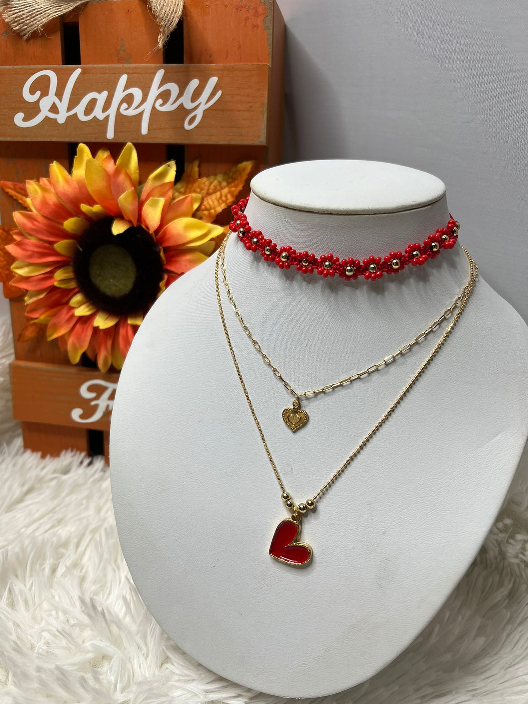 Rojo Multilayer Set hecho a mano Flores y Corazon