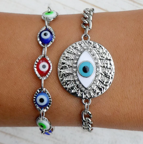 Rainbow Silver Evil Eye Bracelet Set