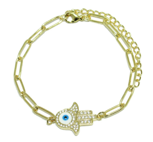 Hamsa Gold Crystal Evil Eye Bracelet Acero Inoxidable