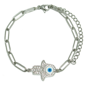 Hamsa Silver Crystal Evil Eye Bracelet Acero Inoxidable