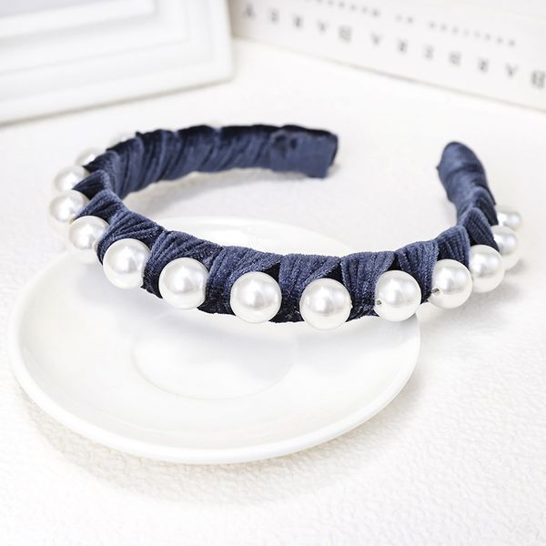 Gray Blue Velvet Pearls Headband