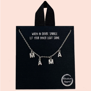 Silver, "mama" pave cz letter word necklace/rhodium dipped