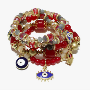 Red, evil eye charm multi layered bead stretch bracelet