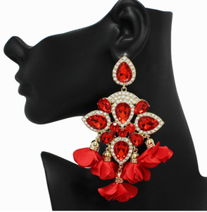 Red Flower Petal with Rhinestone Earrings (Handmade)