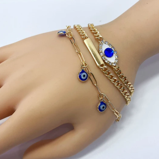 Rhinestones Deco Evil Eye Design Charms Chain Bracelet