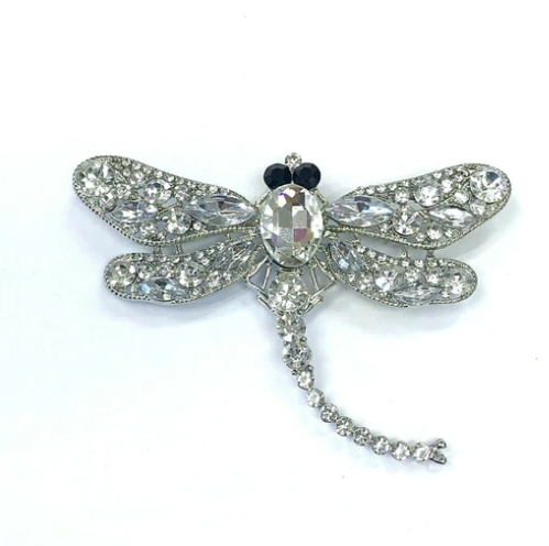 Silver Dragonfly Brooch (Rhinestones)