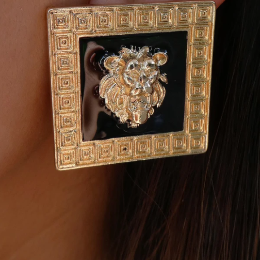 Gold Square Lion Earrings