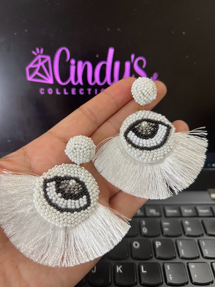 White Handmade Evil Eye Earrings