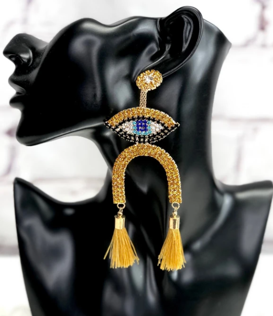 Long Rhinestone Eye Statement Tassel Stud Dangle Drop Earrings